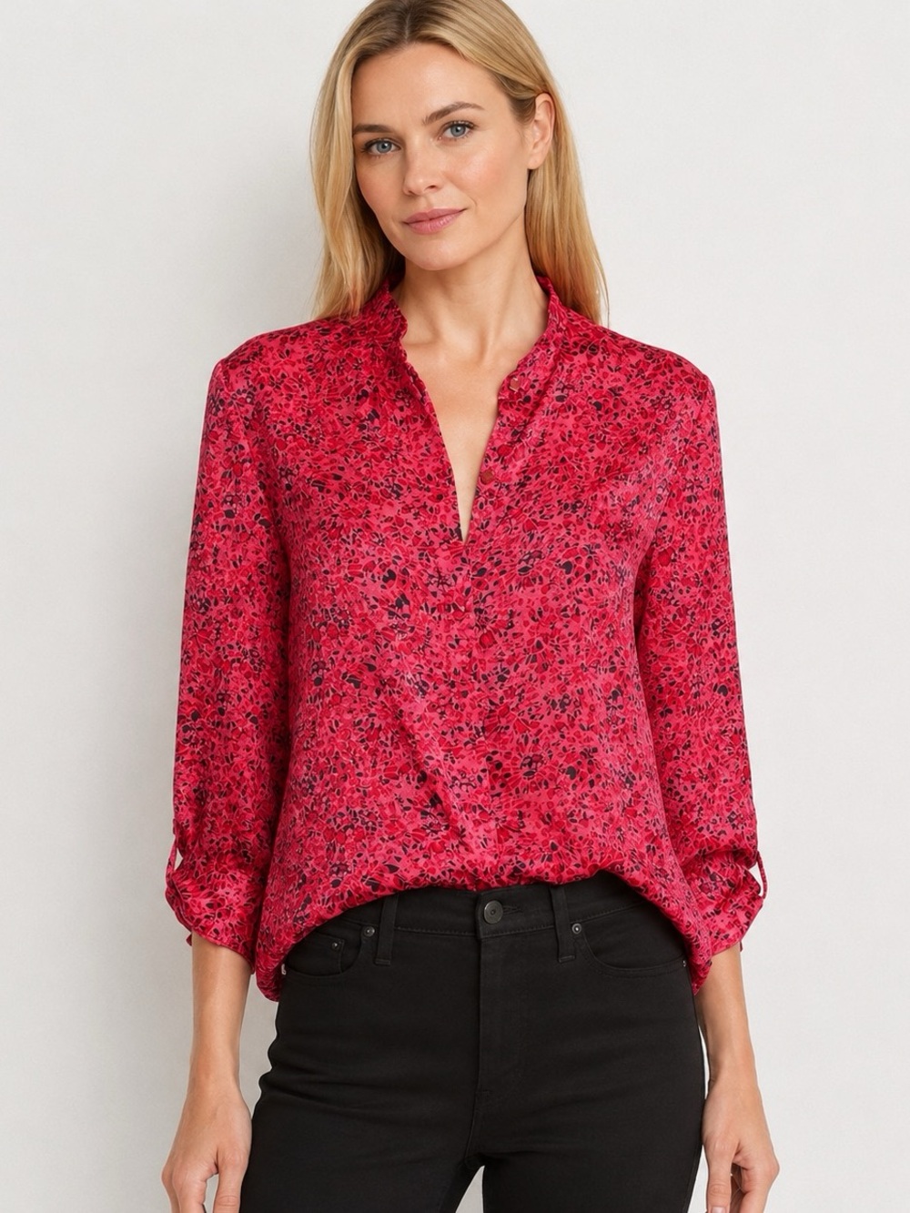 Alice + Olivia Eloise Semi Sheer Button Down Roll Sleeve Shirt Pink Size S